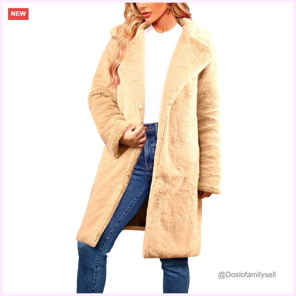 Faux Fur Coat Teddy Fleece Open Front Lapel Collar Long Sleeve Jacket